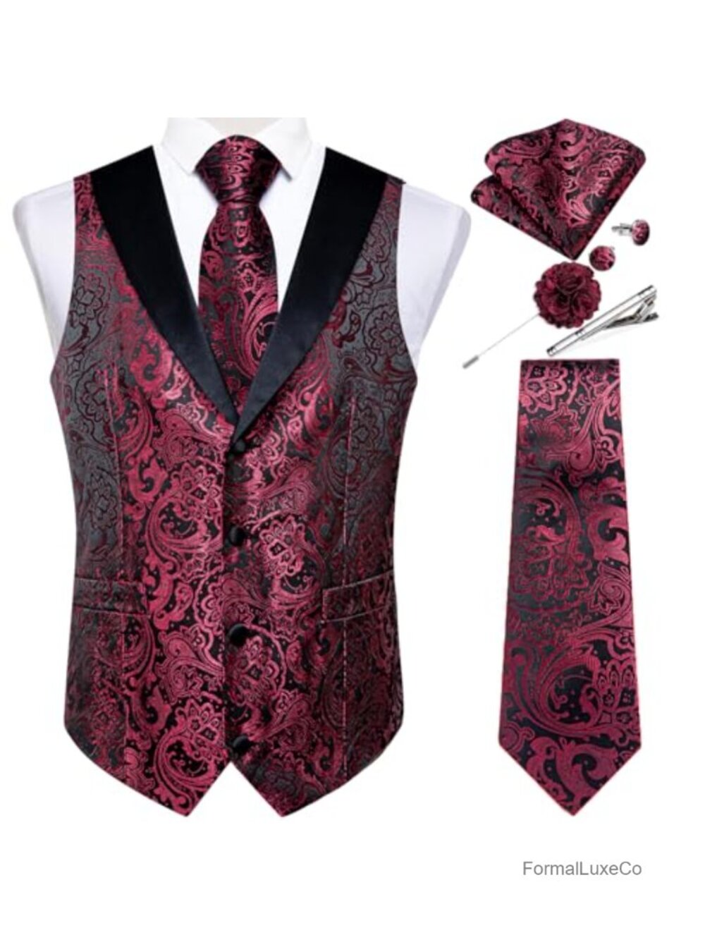 Mens Paisley Suit Vest Silk Jacquard Waistcoat & Necktie Set Formal 7PCS